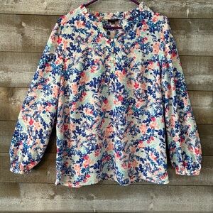 Talbots Floral Split-Neck Long Sleeve Blouse — Blue, Pink, Cream